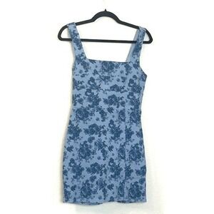 Trixxi Blue Floral Mini Dress L Square Neck Tie Back Sleeveless Romantic Bodycon